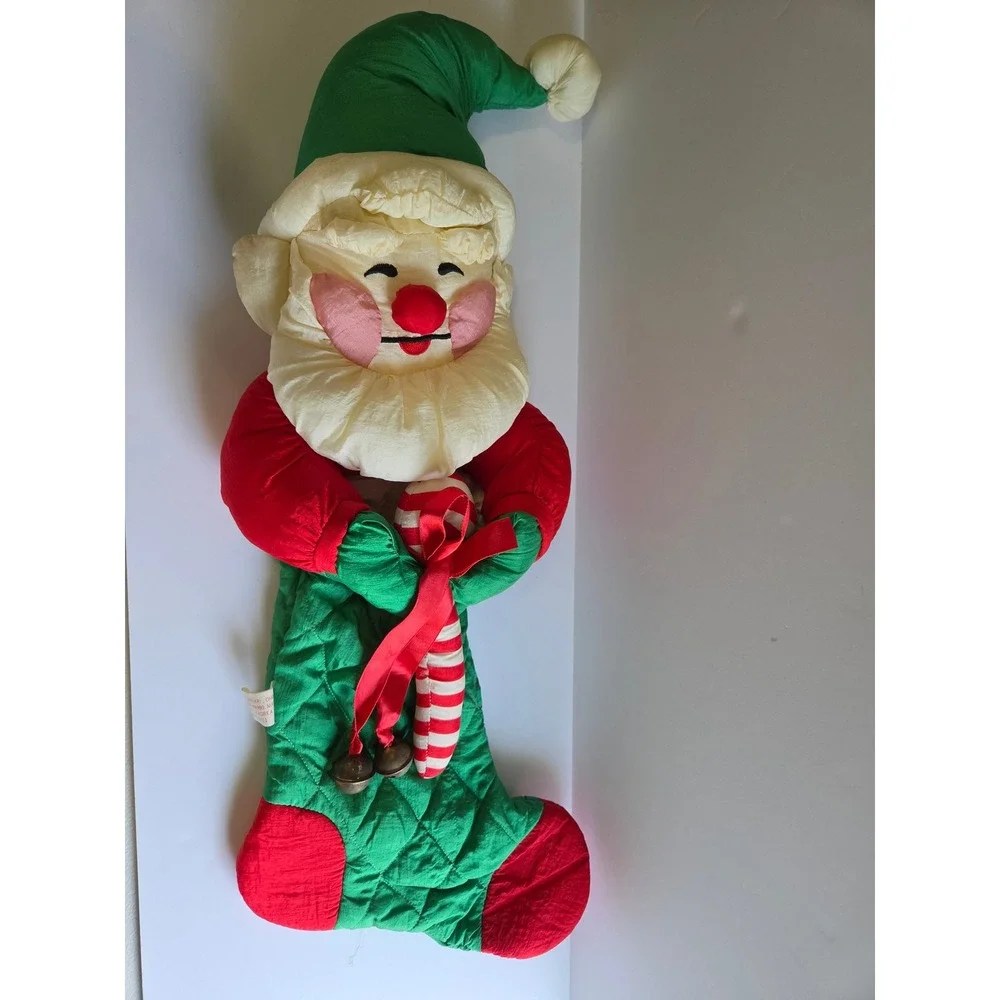 Vintage Quilted Santa Claus Christmas Stocking Jingle Bells Red Green 24 Inch